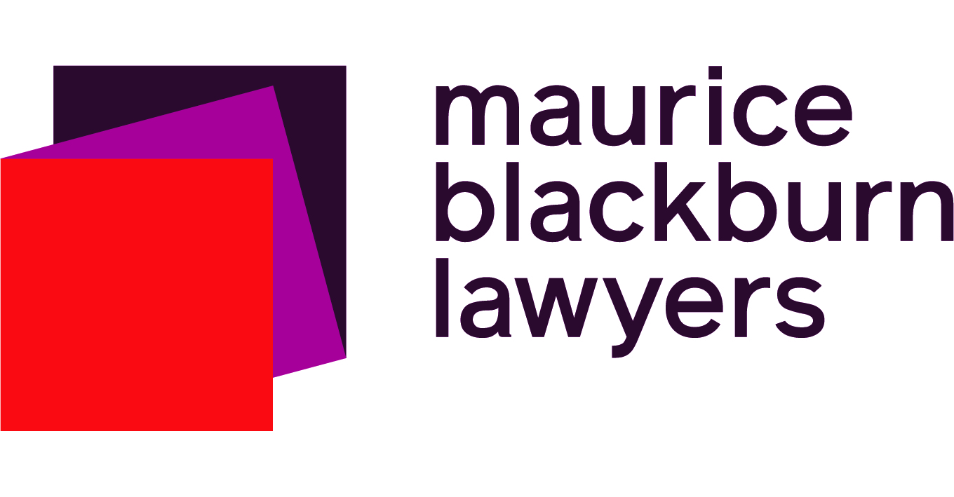 Black text in lower case letters saying "maurice blackburn lawyers" on white background with colour overlapping squares on left.