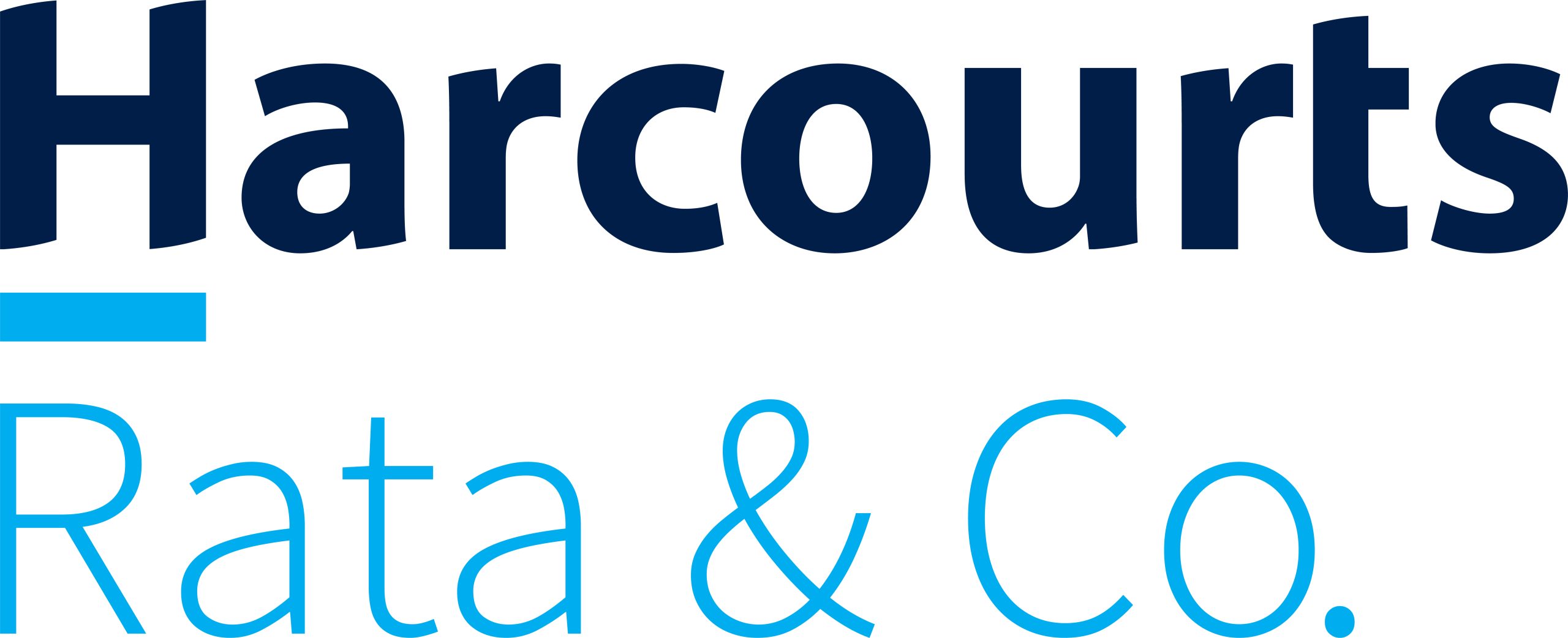 Image of text on white background. Black text on top reads "Harcourts". Blue text on bottom reads "Rata & Co.)