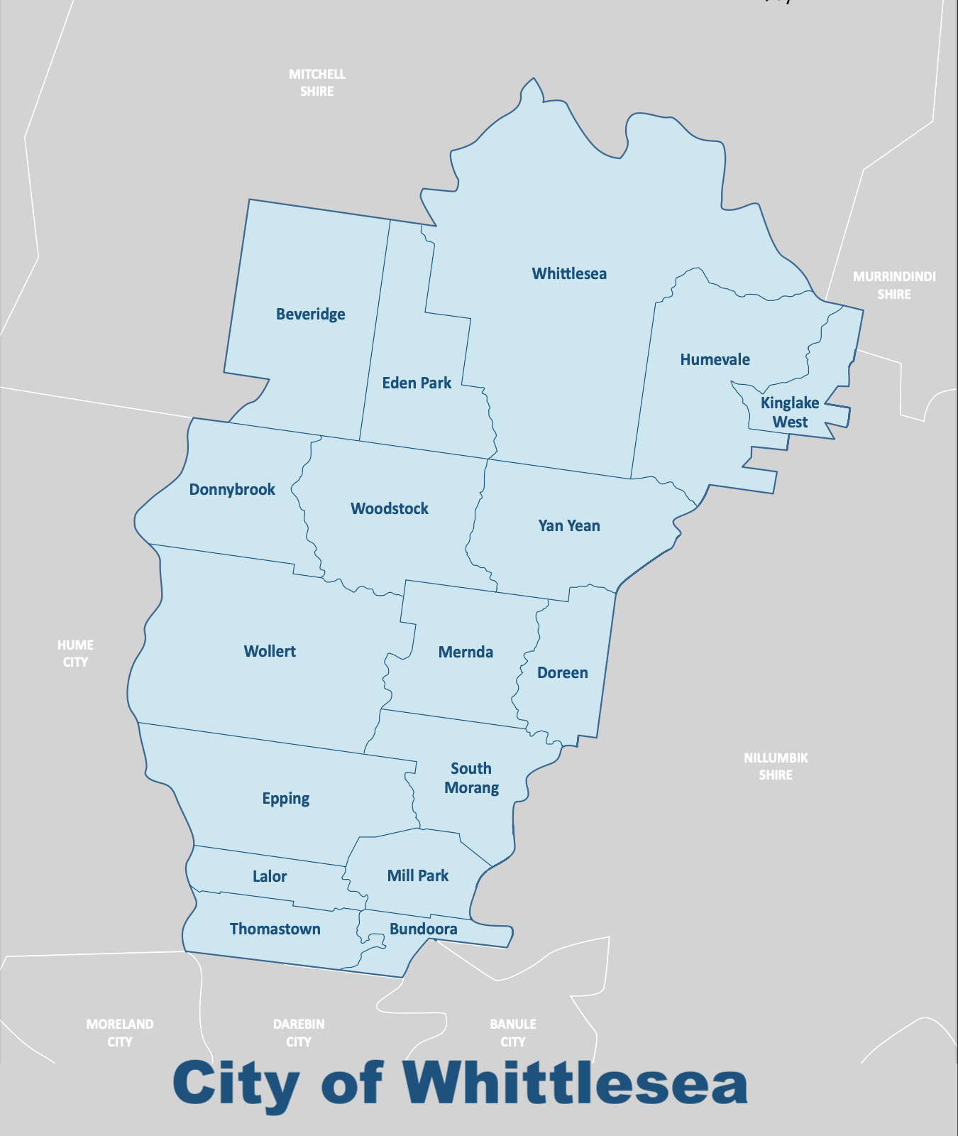 Generalised map of City of Whittlesea coloured in blue with surrounding areas in grey