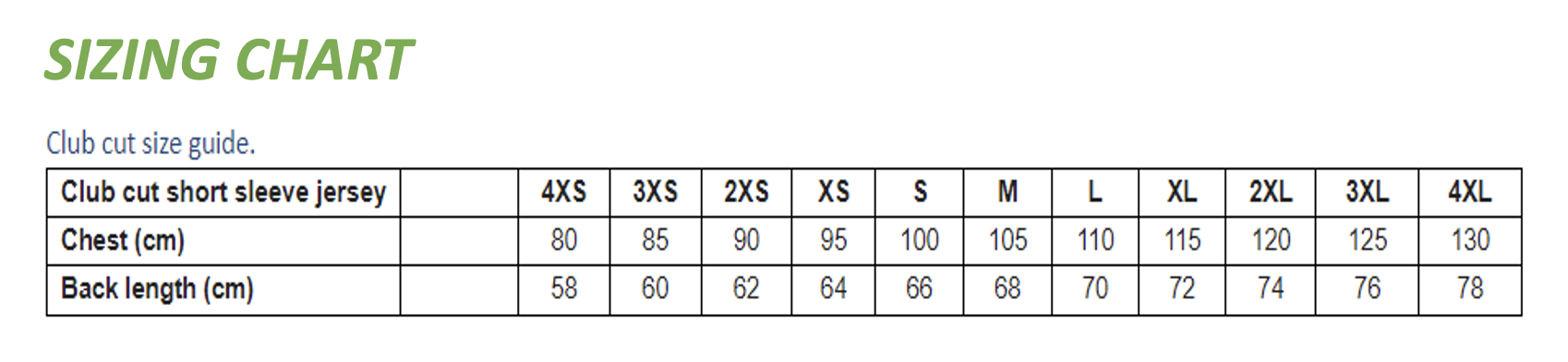 Table of clothing sizes
