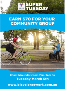 Bicycle Network Super Tuesday promo. Picture of bicycle rider passing two people who are counting riders. Text at top says, "Earn $70 for your community group". Text at bottom says, "Count bike riders from 7am-9am on Tuesday March 5th www.bicyclenetwork.com.au".